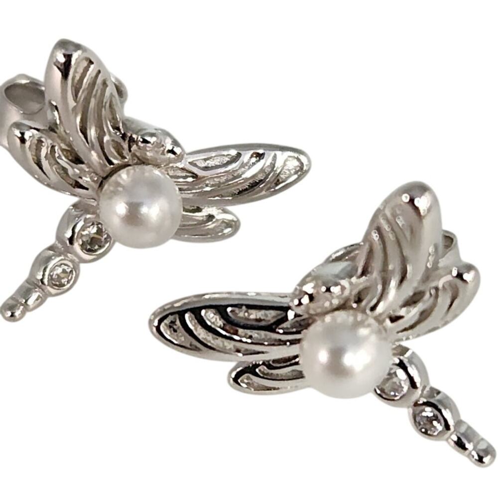 925 Sterling Silver Dragonfly Pearl stud earrings nature inspired vintage style